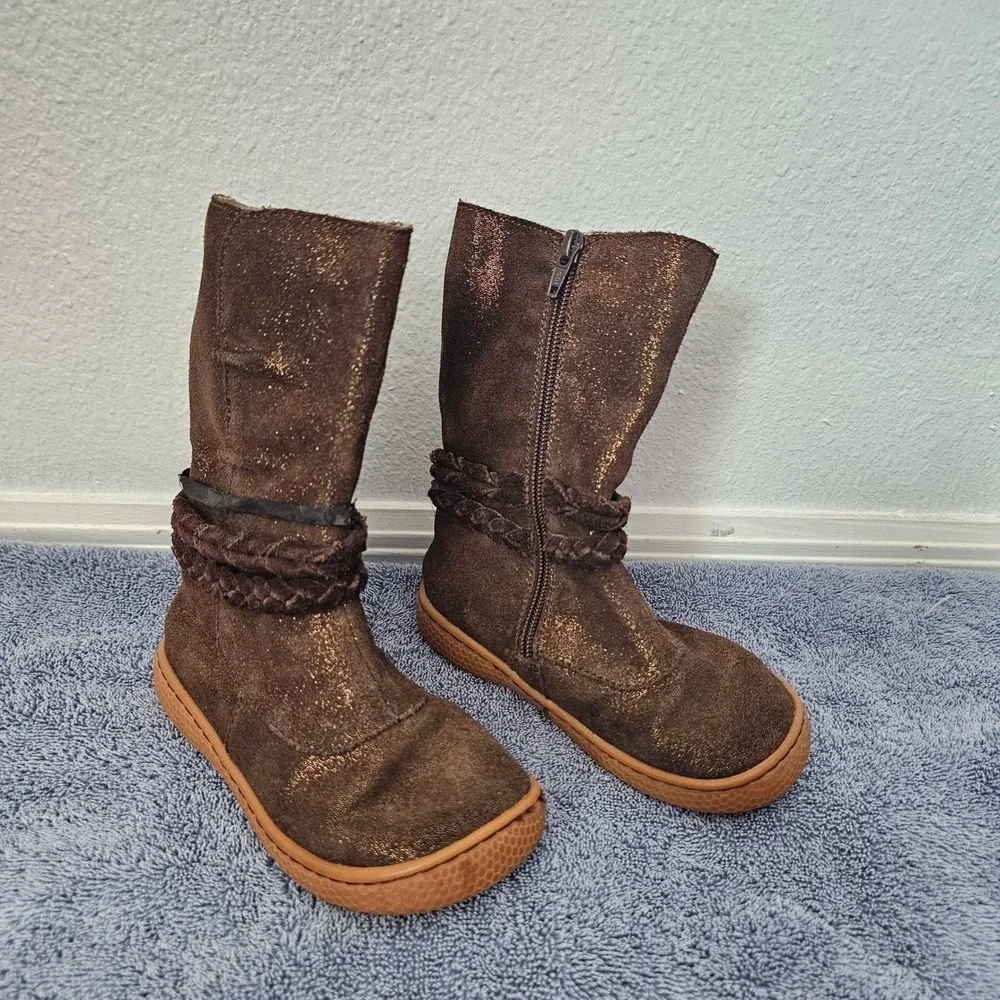 Livie & Luca Girls Brown Shimmer Suede Braided Mid Calf Boots Size 11